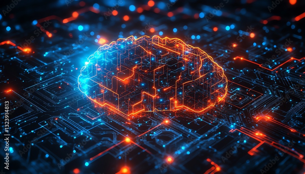 Poster ai brain circuit design with digital tech elements on light background, innovation concept, glowing 