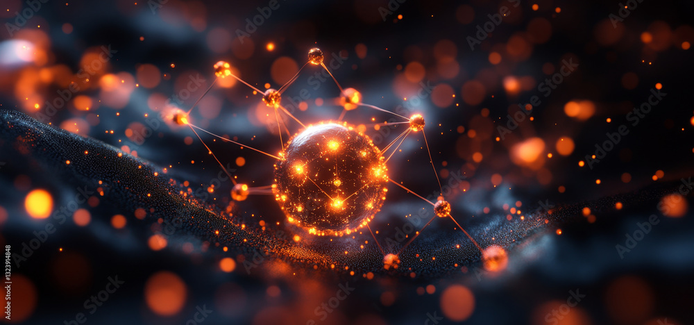 Poster A visualization of a quantum computing concept showcasing a glowing qubit sphere connected by glowing particles.