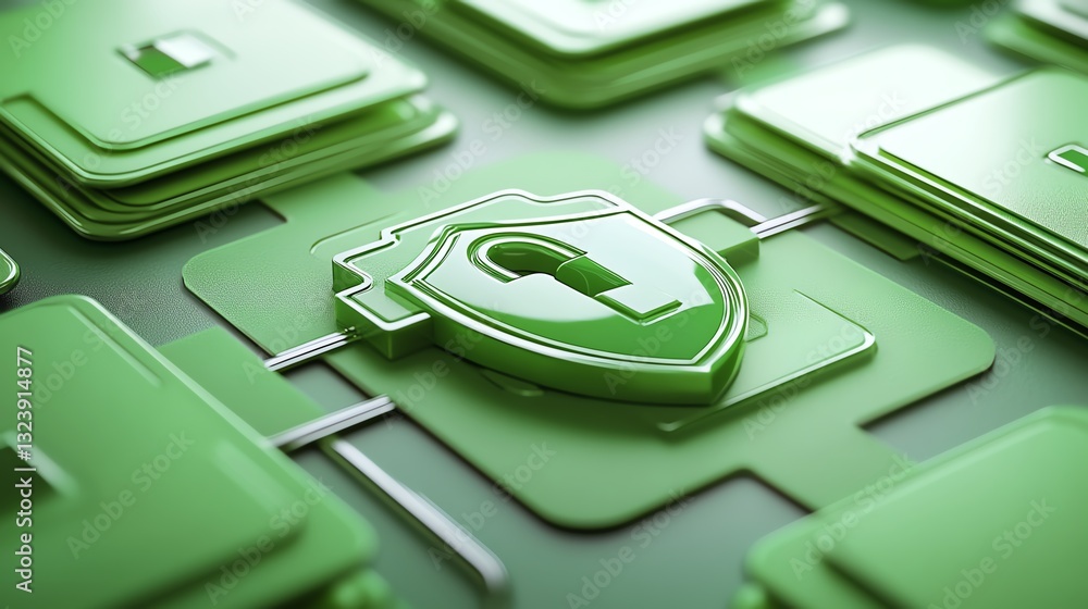 Poster bright background with secure data flow concept, shield and padlock icon, green interconnected docum