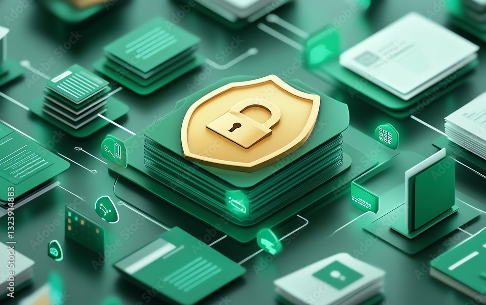 Poster bright background with secure data flow concept, shield and padlock icon, green interconnected docum