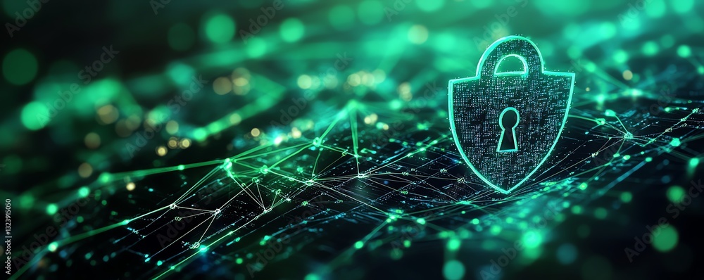 Aufkleber digital secure data flow concept with shield and padlock icon, green interconnected documents, brigh