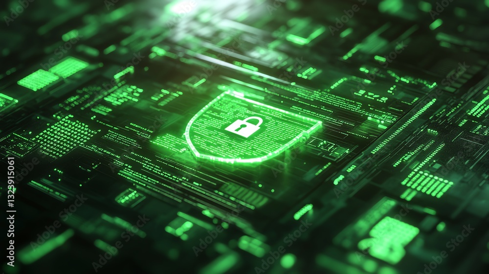 Poster digital secure data flow concept with shield and padlock icon, green interconnected documents, brigh