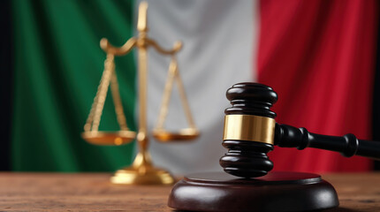 Legal justice concept with gavel, scales, and Italian flag