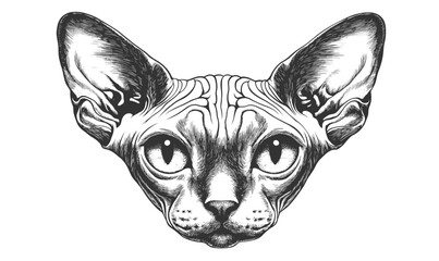 Sphynx cat head detailed linear art, black and white vector, flat style icons set.