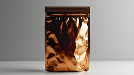 Coffee Bag Mockup in bronze Style: A sleek, modern coffee bag mockup with a striking bronze finish, creating a high-end, elegant appearance that reflects quality and freshness of its contents. 
