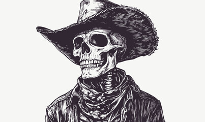 Fototapeta premium Cowboy skeleton with hat and bandana, monochrome vector, linear art icons set.