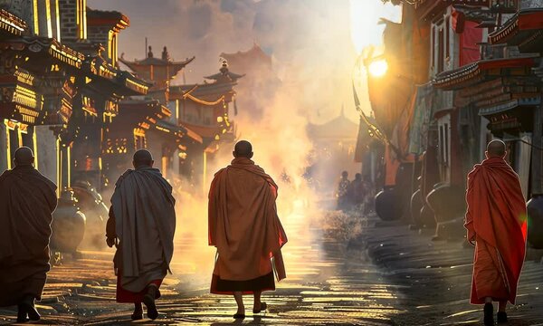 Tibetan monks are walking in village at sunset 