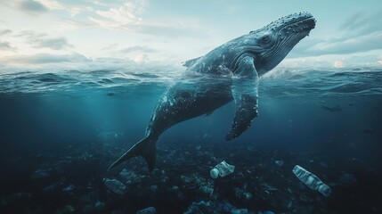 Naklejka premium A whale swims gracefully above an underwater scene filled with plastic debris, highlighting ocean pollution and the impact on marine life.
