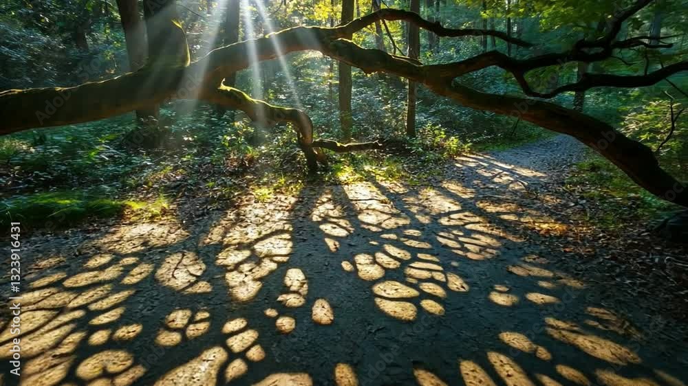 Poster sunlit forest shadows: sunlight streams through the branches of a tree, casting intricate shadows on