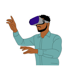 Business Man using virtual reality headset. Modern guy in smart casual outfit and futuristic Virtual Reality glasses. Hand drawn colorful vector illustration of person isolated 