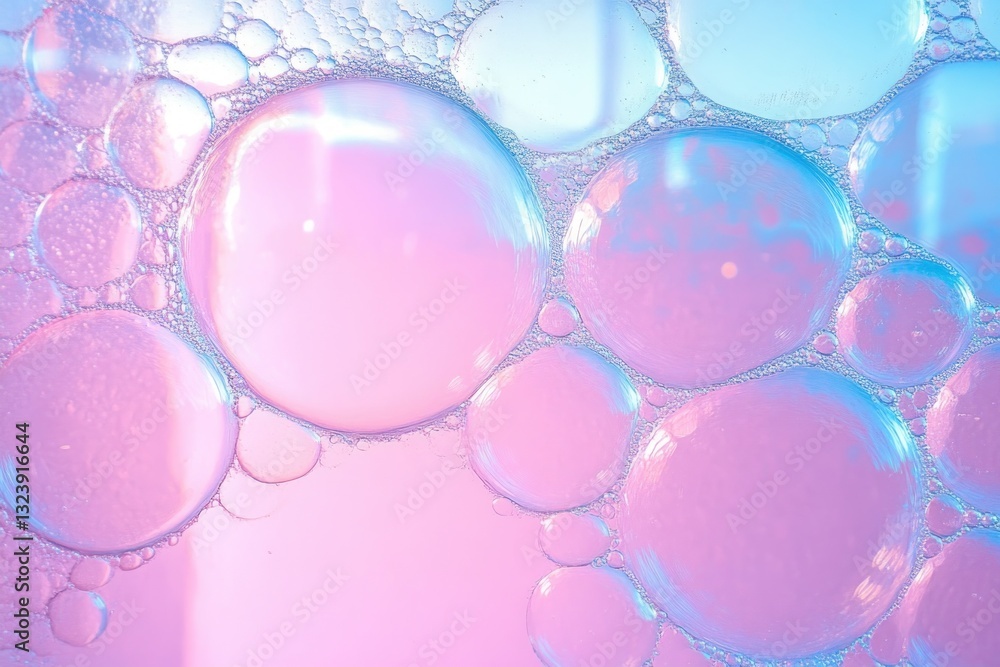 Poster abstract soap bubbles with pastel pink and blue hues create a delicate pattern on a smooth surface