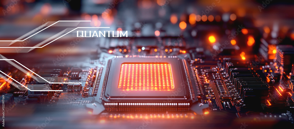 Aufkleber This intricate setup showcases a quantum processor, gleaming with lights and circuits, illustrating superposition and the complexity of optimizing algorithms for machine learning tasks.