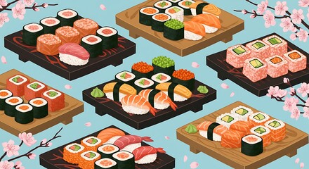 Assorted Sushi Nigiri Rolls Platter on Wooden Trays with Cherry Blossoms