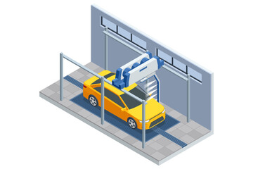 Isometric automatic car wash station. A yellow car is in an automatic car wash station. A large blue and white machine with rotating brushes is cleaning the vehicle. The station is indoors, with