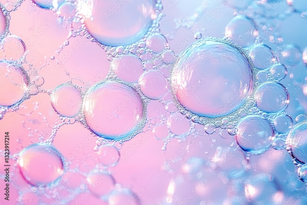 Poster Abstract macro photography of colorful soap bubbles with blue and pink hues creating a smooth delicate pattern