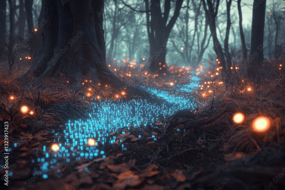 Poster a mysterious forest floor with digital streams and glowing orbs, creating an enchanting and ethereal