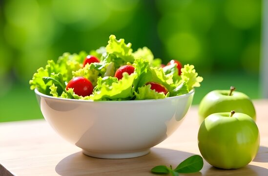 Plate of fresh salad and green apple. Weight loss concept with healthy eating and exercise.