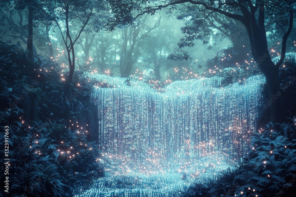 Poster mystical forest scene with a waterfall of digital code, creating a dreamy, ethereal atmosphere under