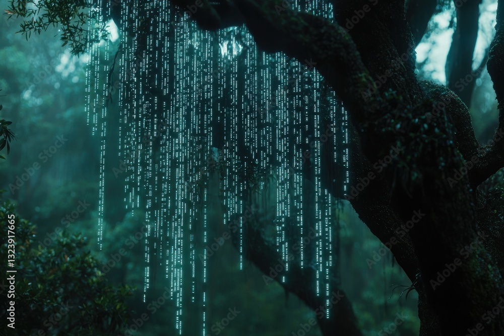 Poster surreal forest scene with glowing digital data streams cascading like ethereal rain, a blend of natu