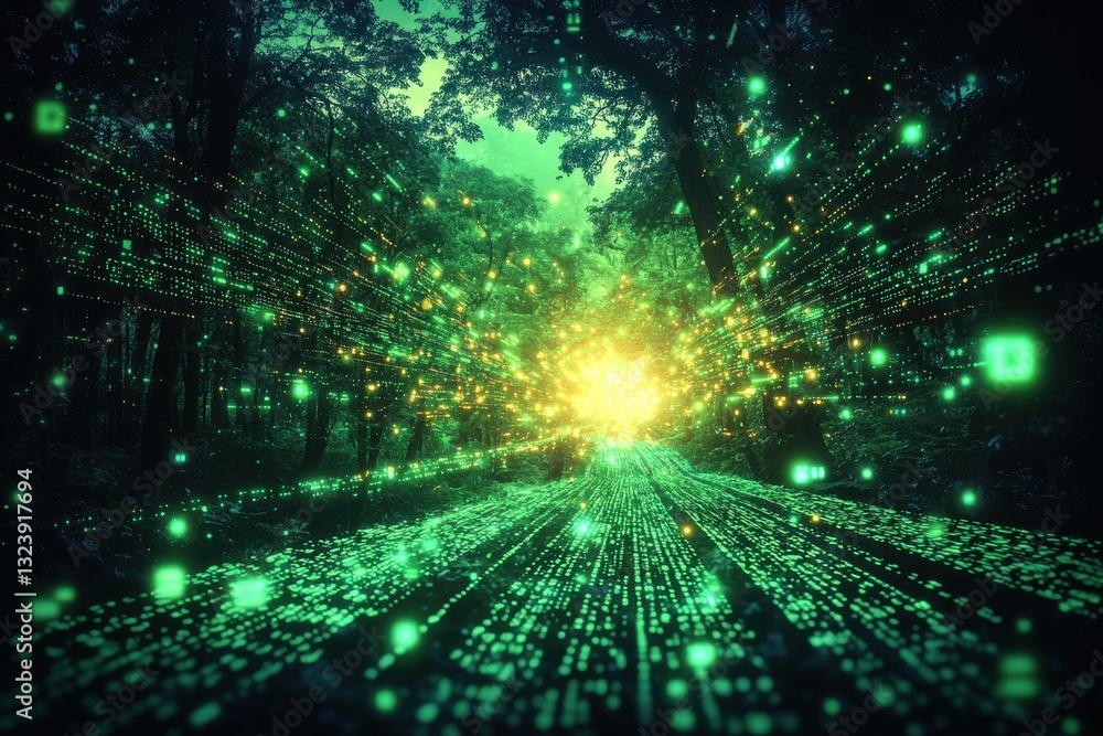 Poster futuristic forest path with digital data streams creating an immersive tech landscape, showcasing co