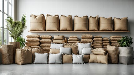 Stacked Comfort: An inviting collection of pillows, cushions, and sacks. The scene exudes warmth and a touch of rustic charm.