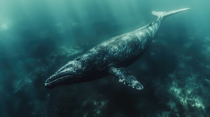 Obraz premium A graceful whale glides through the shimmering ocean depths, showcasing its majestic form amidst the tranquil underwater landscape.