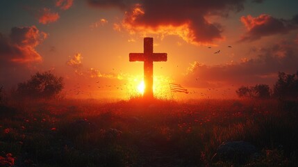 Cross at Sunset with American Flag in Background for Good Friday Celebration