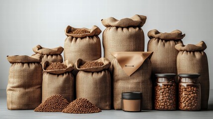 Fototapeta premium Eco-Friendly Goods Display: An array of earth-toned burlap sacks and glass jars brimming with wholesome, organic products, showcasing sustainable living and natural provisions in a visually appealing.