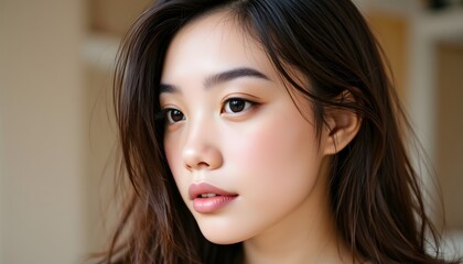 Obraz premium The close up portrait of an Asian woman showcases her flawless skin, almond shaped eyes, high cheekbones, and delicate features, exuding a sense of elegance and grace.