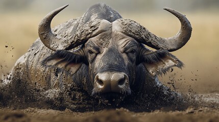 Naklejka premium Mud-caked Cape buffalo wallowing, savanna background, wildlife documentary
