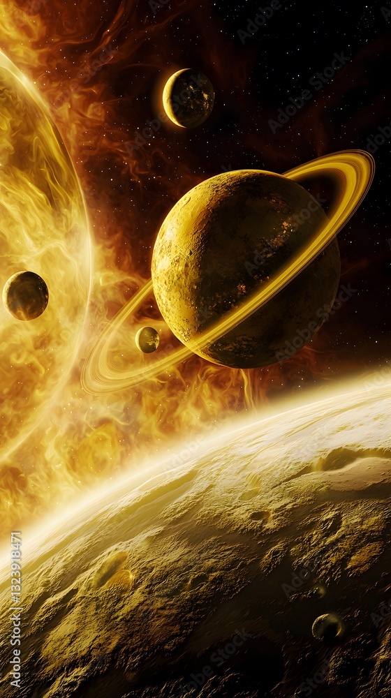 Aufkleber an alien planet with fiery background creating a celestial scene filled with intense colors and cosm