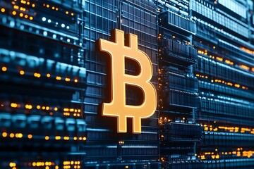 A glowing bitcoin symbol superimposed against server racks background