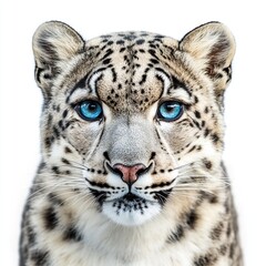 Obraz premium Close-up portrait of a snow leopard with striking blue eyes against a white background. (6)