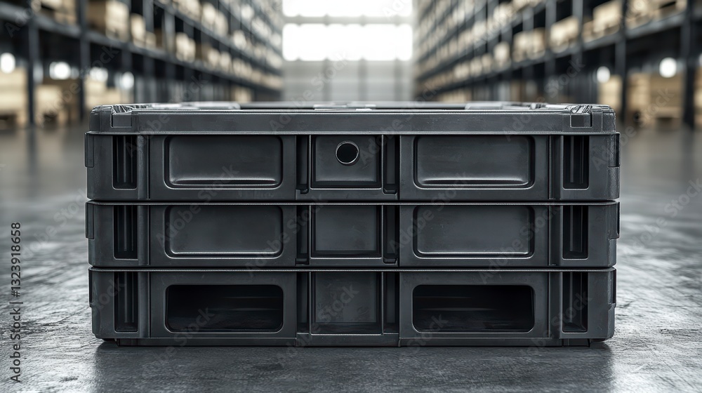Poster stackable storage: a close-up view showcasing a stack of durable black storage crates in a warehouse
