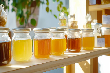A vibrant collection of honey jars sits neatly on a wooden shelf, showcasing a range of golden hues. The warm sunlight enhances the rich textures and colors, inviting curiosity