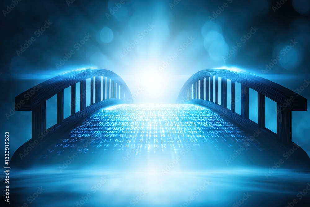 Poster an illuminated bridge covered in binary code and blue light, leading towards digital future with wat