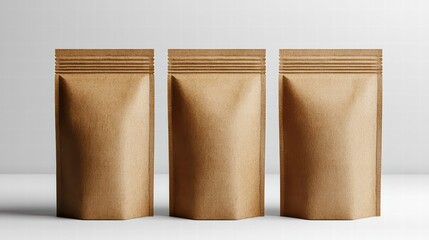 Eco-Friendly Packaging Trio: A studio shot captures three standing brown paper pouches, offering a clean aesthetic that emphasizes sustainability and product presentation. 