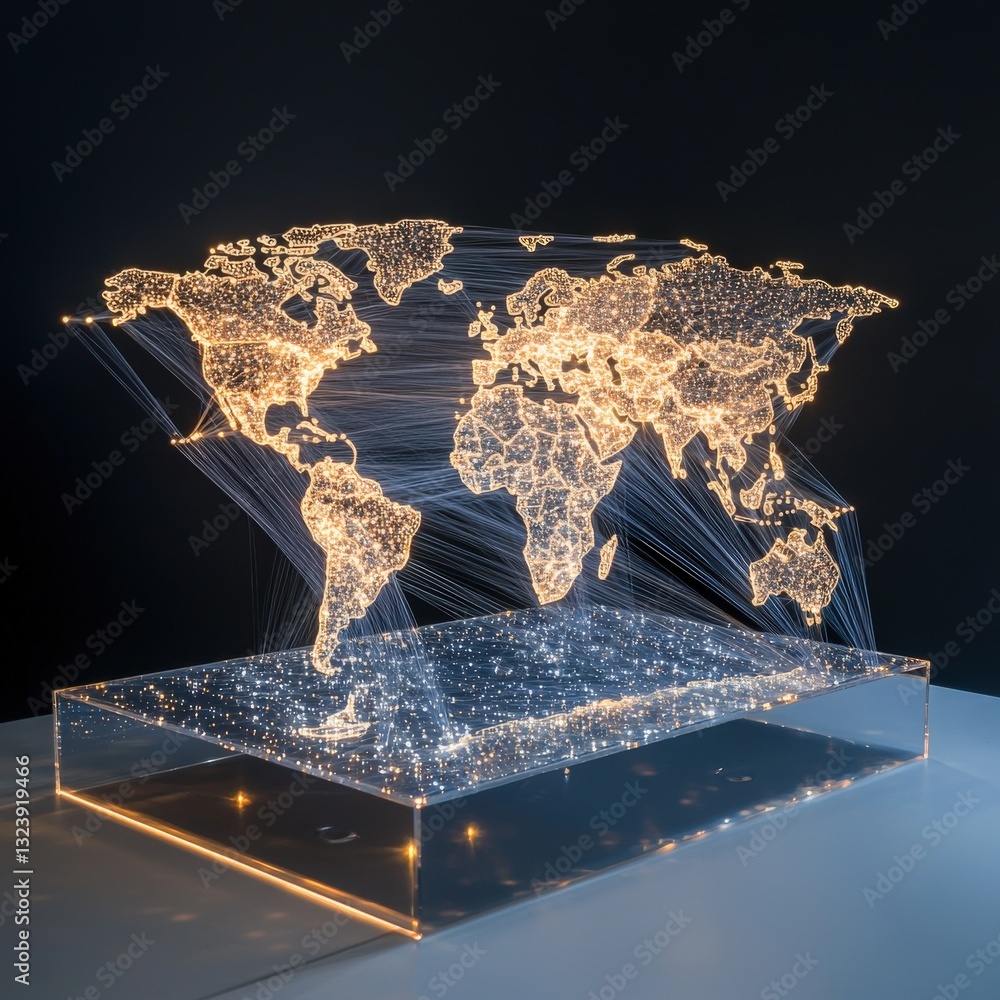 Poster a 3d world map made entirely of illuminated fiber-optic threads.