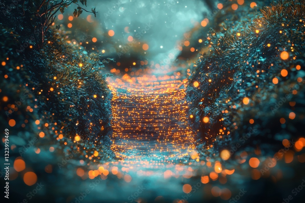 Poster enchanting pathway through a forest, illuminated by magical glowing lights, creating a mystical and 