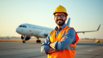 A cheerful aviation worker wearing a hard hat and high-visibility vest at the airport. Airline staff, ground operations, and aircraft maintenance concept.