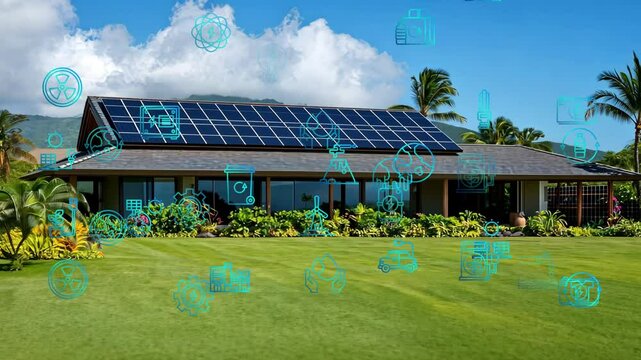 Smart Eco rooftop passive AI solar Save the planet earth in Net zero ESG SDGs plant go green world global low CO2 emission. Future growth Panels cells roof grid sun light electric power supply panel.