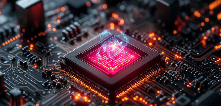 A close-up view of a quantum computer chip showcasing a glowing qubit at its center.