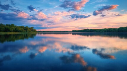 Obraz premium Serene Sunset Reflection Over Tranquil Lake Surrounded by Nature