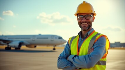 A smiling airport worker in a safety vest and hard hat stands confidently with an airplane in the background. Aviation industry, ground crew, and airport operations.