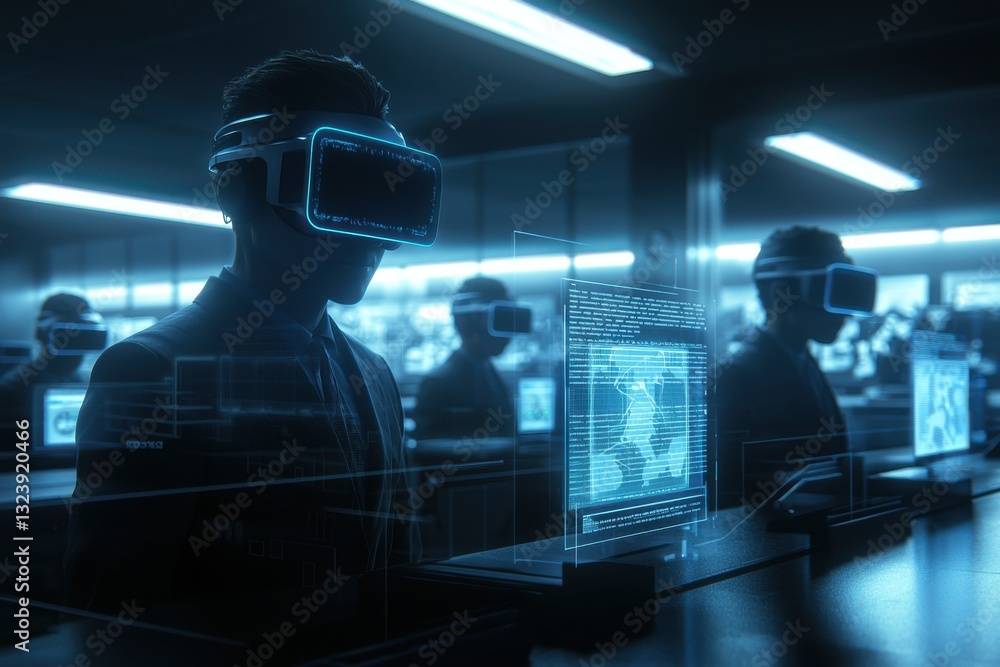 Poster futuristic office setting with workers using virtual reality headsets, creating a digital environmen