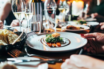 Elegant dining experience showcasing beautifully plated gourmet dishes, accompanied by fine wine and sparkling glassware, set amidst a blurred background of convivial company and warm candle light.