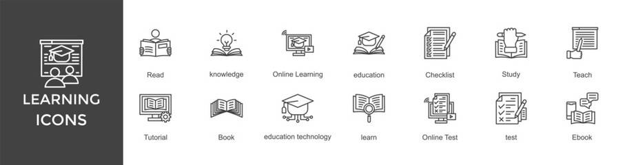 learning icon set. with icon Read, knowledge, Online Learning, education, Study