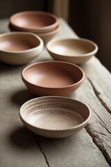 Handmade ceramic bowls arranged on a rustic wooden table in natural light