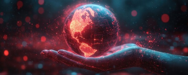 Futuristic Cyberpunk World Digital Technology Concept with Holographic Interface and Glowing Earth in Human Hands