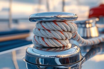 Yacht Winch and Rope Close Up on Sailing Boat